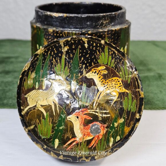Kashmir India Forest Scene Hand Painted Lacquered Lidded Canister Leaping Deer - Picture 3 of 12